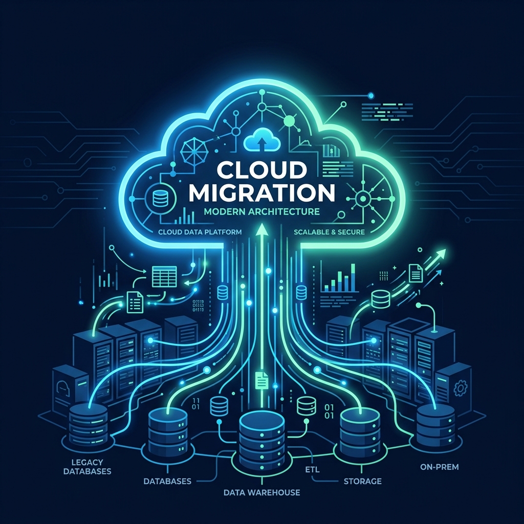 Cyfradane enterprise data architecture dashboard showing successful cloud migration metrics.