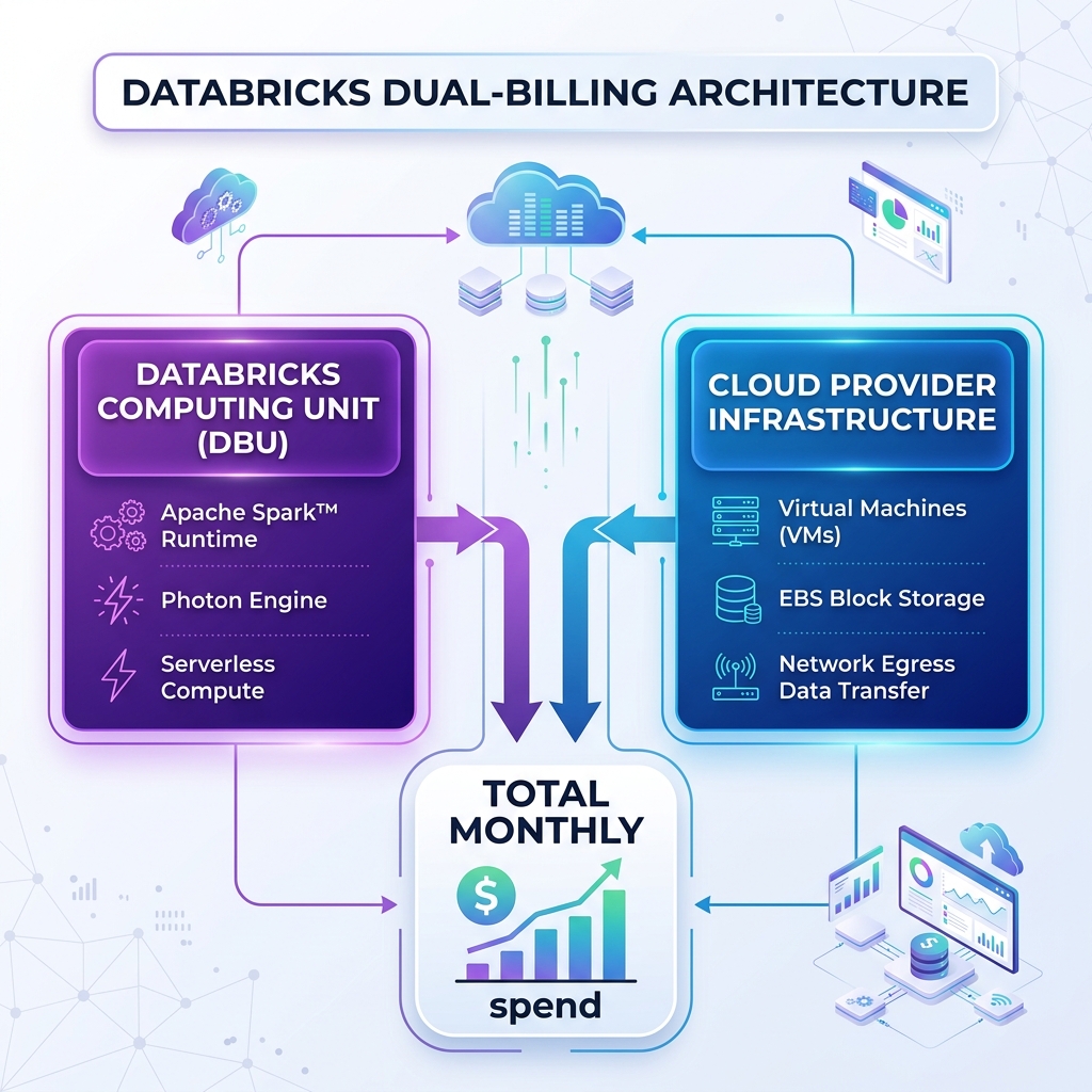 Illustration displaying breakdown of Databricks DBU consumption versus cloud provider infrastructure costs