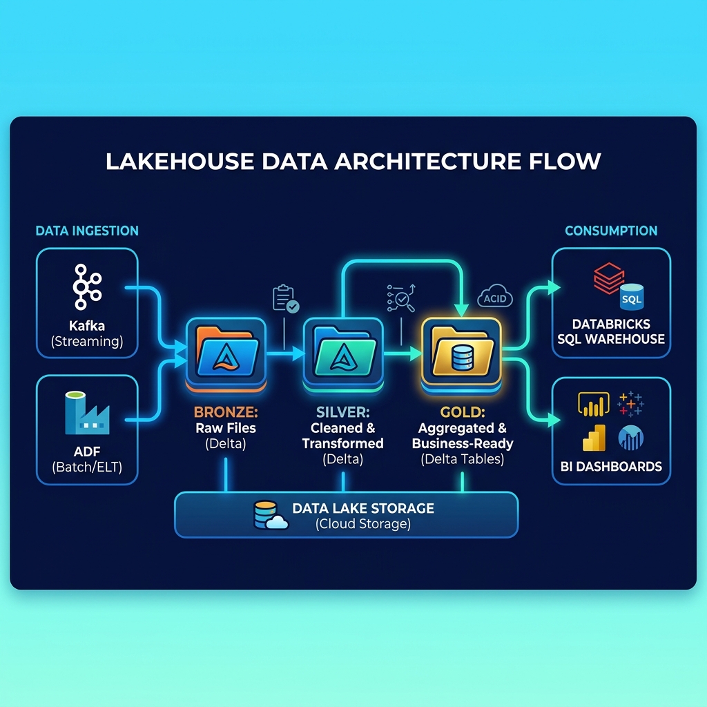 Databricks Lakehouse Architecture diagram showing enterprise data engineering flow