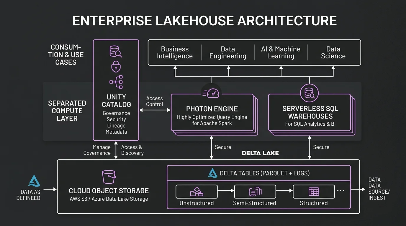 UK Enterprise Lakehouse Architecture showing storage-compute separation, Delta Lake formats, serverless SQL compute, and centralized Unity Catalog governance.
